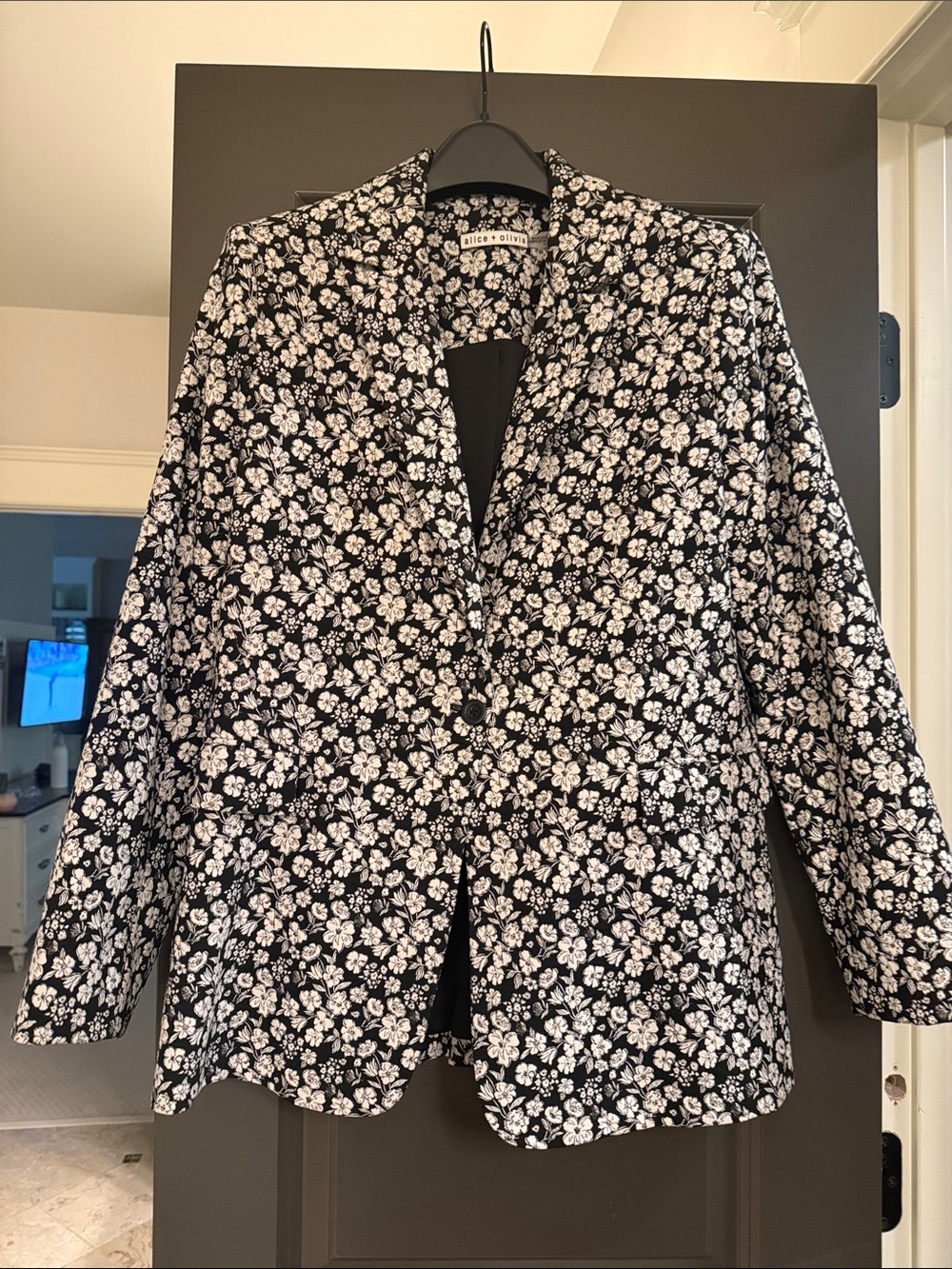 Alice + Olivia Black and White + Silver Metallic Floral Blazer